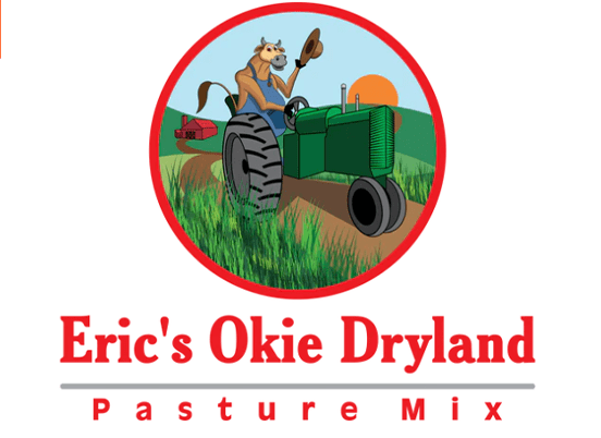 Cartoon cow driving a green tractor through a lush pasture at sunset