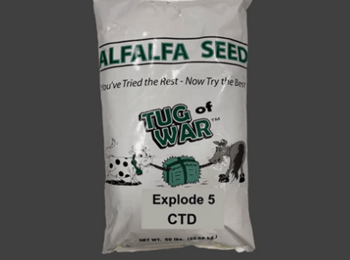 Alfalfa seed bag labeled "Tug of War," featuring cartoon animals