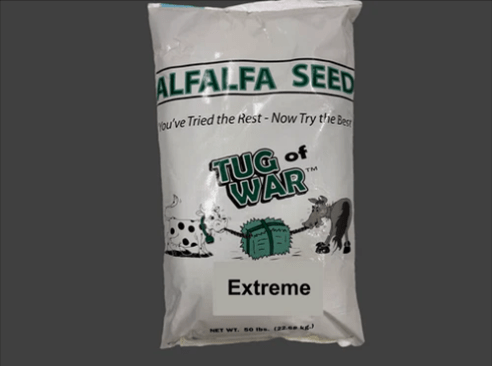 Alfalfa seed bag labeled "Tug of War Dy-Hard CTD," highlighting quality seed for livestock feed