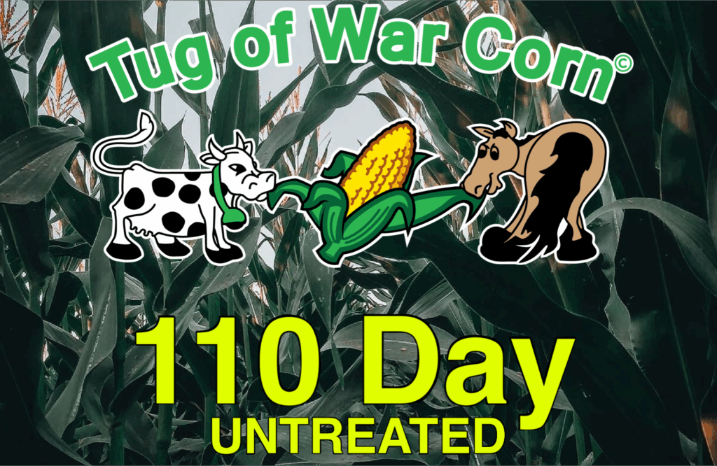 "Tug of War Corn® design featuring a cow, corn, and horse on a backdrop of corn plants, highlighting the 110-day untreated variety."